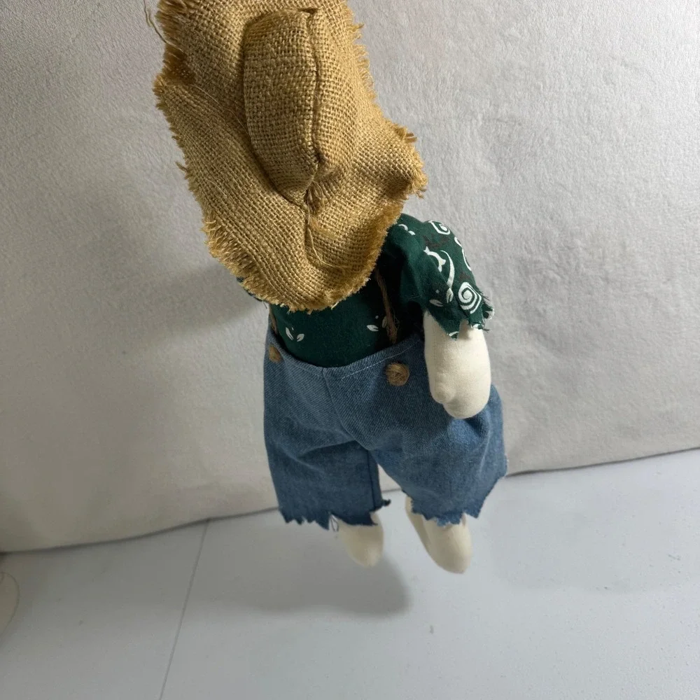 Adorable Bunny scarecrow Doll Plush Stuffed Animal Straw‎ Hat Denim Overall